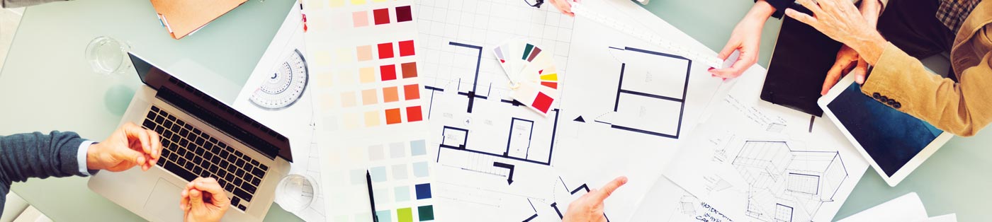 Color swatches and drawings on a table on the Circle Hotels website